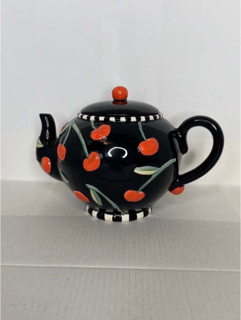 Certified International Susan Winget Cherry Black and White Teapot